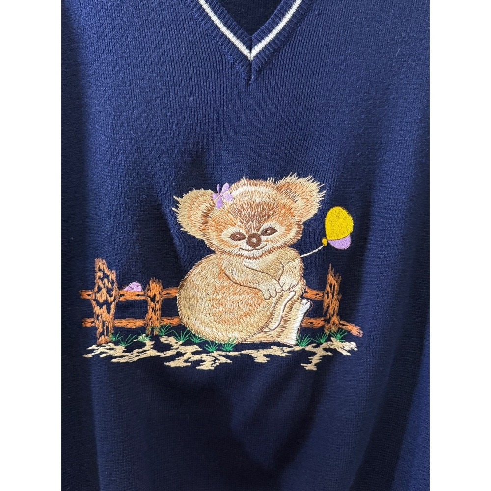 Vintage 80s Koala Bear Sweater V Neck Embroidered Novelty Navy Kitsch Preppy S/M